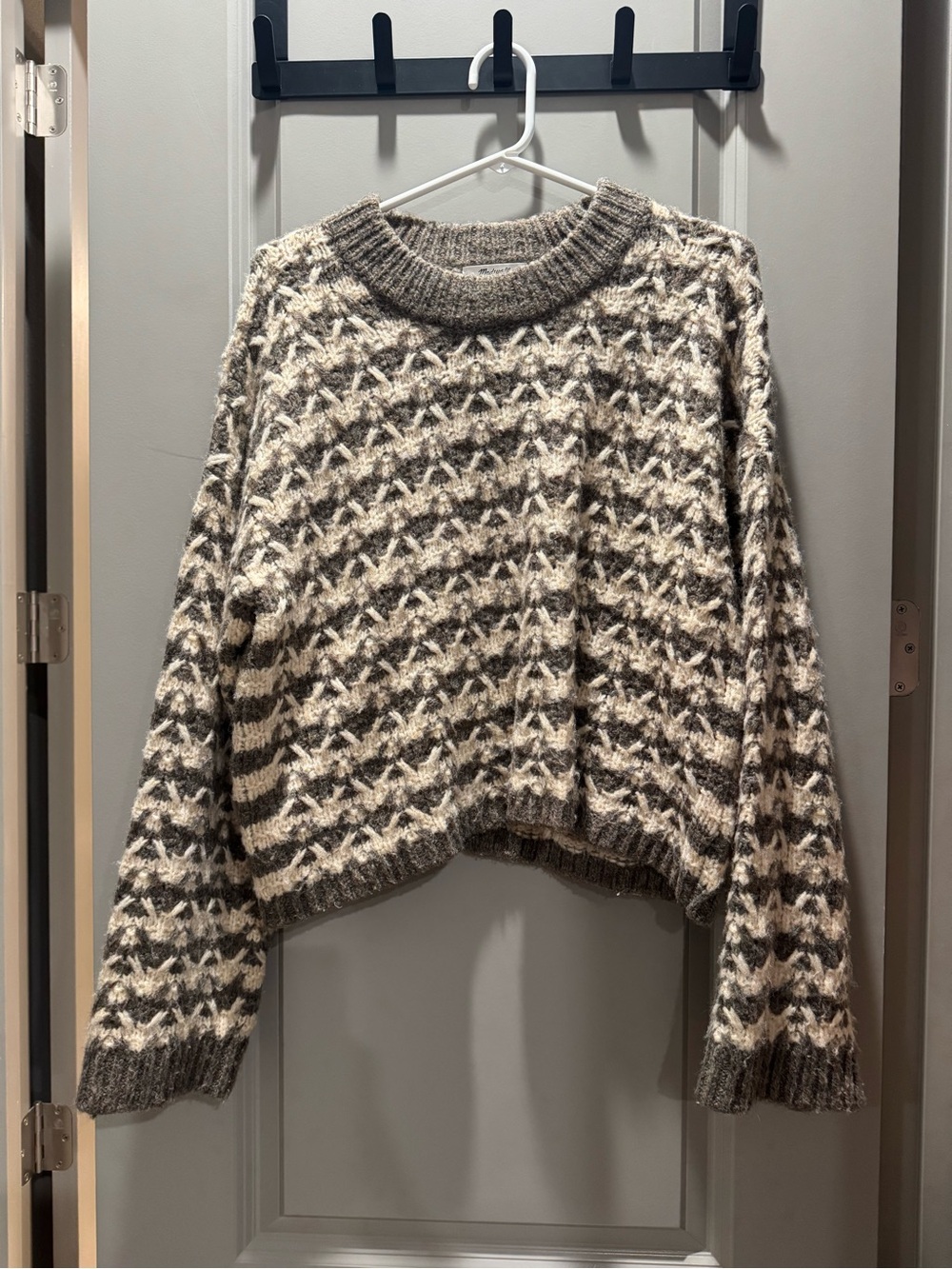 Madewell Gray and Cream Patterned Crewneck Sweater